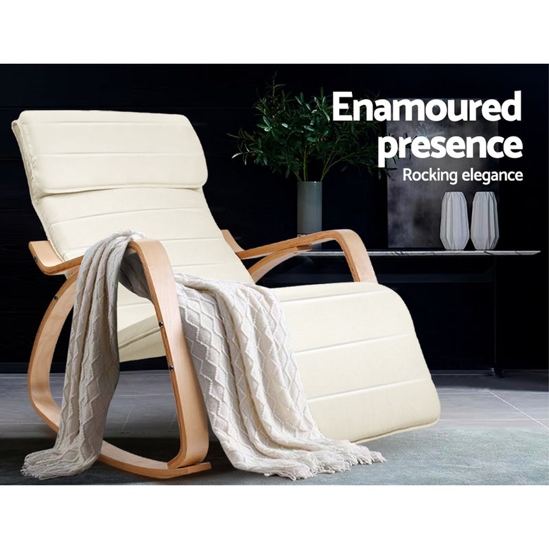 Artiss Fabric Rocking Armchair with Adjustable Footrest - Beige