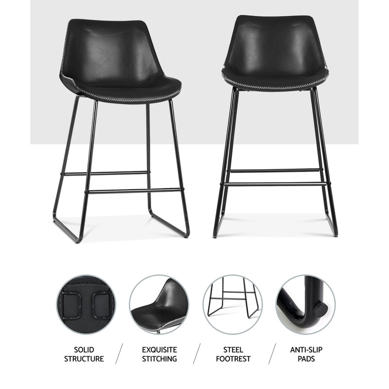 Artiss Set of 2 Bar Stools Kitchen Metal Bar Stool Dining Chairs PU Leather Black