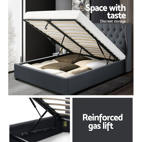 Artiss Issa Bed Frame Fabric Gas Lift Storage - Charcoal Double