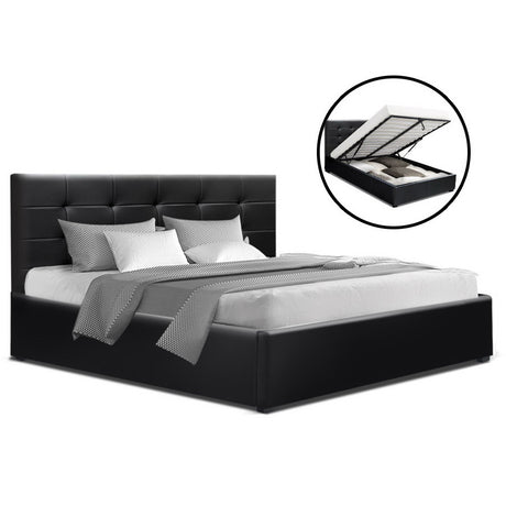 Artiss LISA Double Full Size Gas Lift Bed Frame Base With Storage Mattress Black Leather