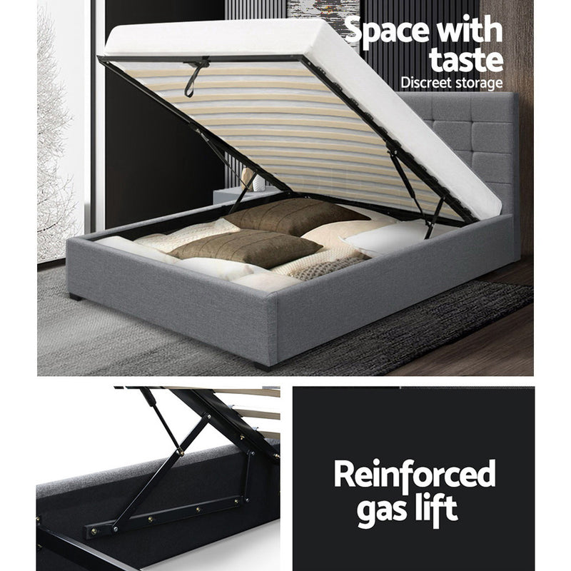 Artiss Lisa Bed Frame Fabric Gas Lift Storage - Grey King Single
