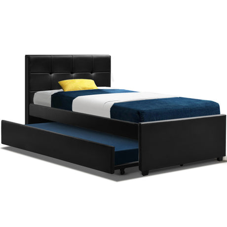 Artiss King Single Size Trundle Bed Frame  Headboard - Black