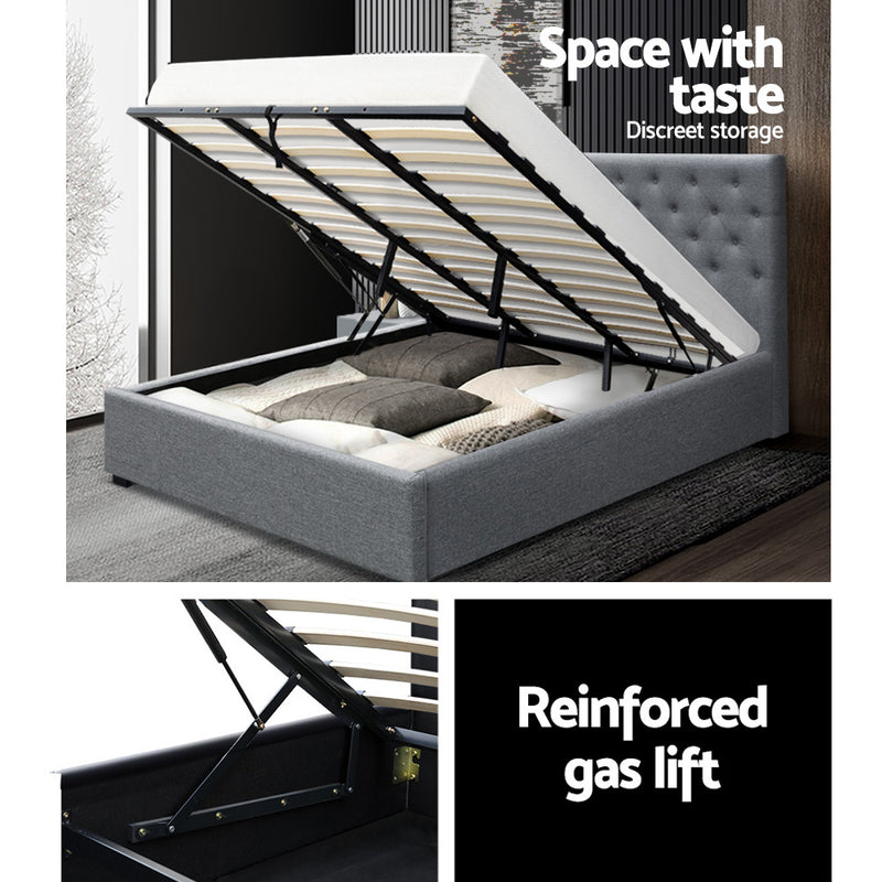 Artiss Vila Bed Frame Fabric Gas Lift Storage - Grey King