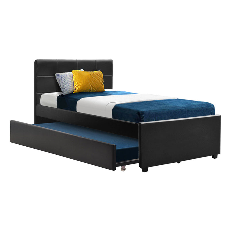 Artiss Trundle Bed Frame King Single Size Black Leather