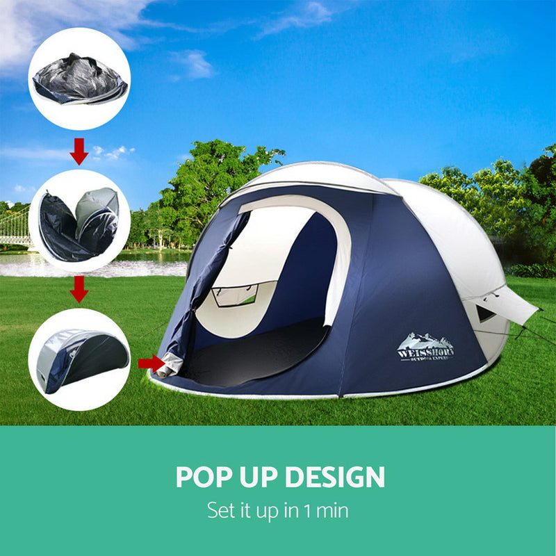 Weisshorn 4 Person Pop Up Canvas Camping Tent - Navy & Grey