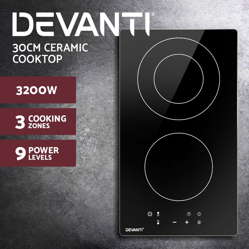 Devanti Electric Ceramic Cooktop 30cm Kitchen Cooker Cook Top Hob Touch Control 3-Zones