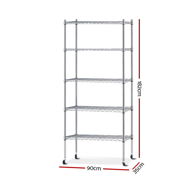 90cm 5 Tier Metal Wire Rack Shelving Unit Chrome Storage Shelves Racks Kitchen Trolley Silver