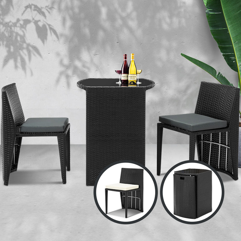 Gardeon 3 Piece PE Wicker Outdoor Table and Chair Set - Black