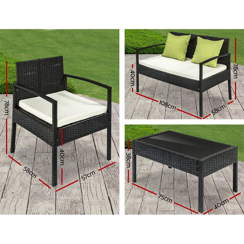 4 Seater Sofa Set Outdoor Furniture Lounge Setting Wicker Chairs Table Rattan Lounger Bistro Patio Garden Cushions Black