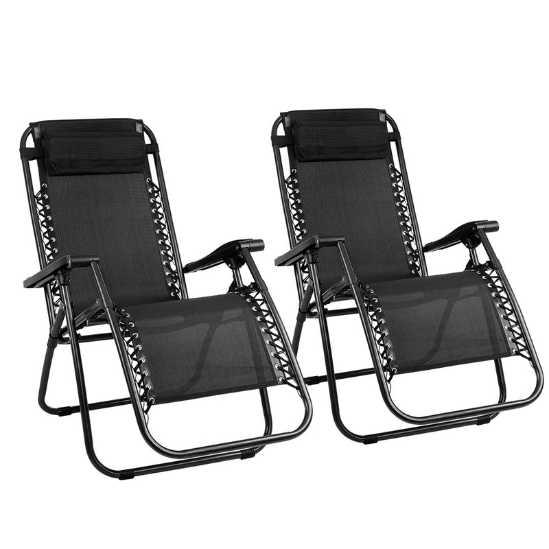 Zero Gravity Chairs 2PC Reclining Outdoor Furniture Sun Lounge Folding Camping Lounger Black