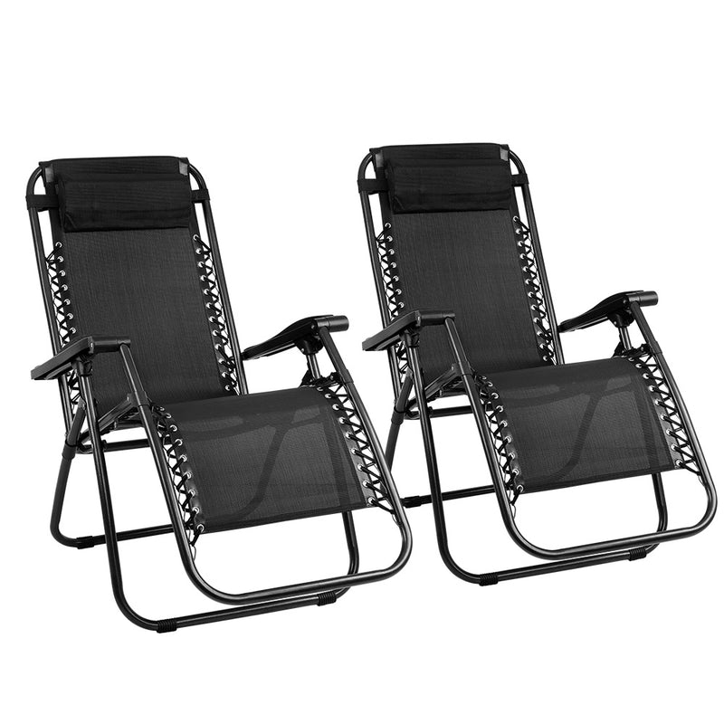 Gardeon Zero Gravity Chairs 2PC Reclining Outdoor Furniture Sun Lounge Folding Camping Lounger Black