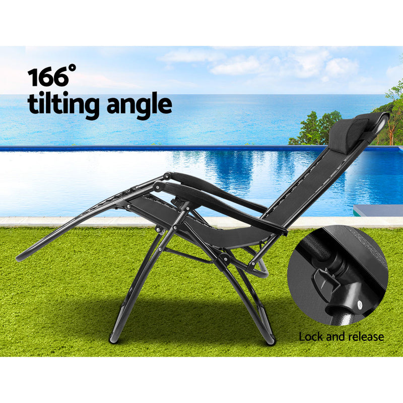 Zero Gravity Chairs 2PC Reclining Outdoor Furniture Sun Lounge Folding Camping Lounger Black