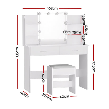 Artiss Dressing Table LED Makeup Mirror Stool Set 10 Bulbs Vanity Desk White