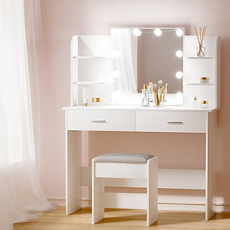 Artiss Dressing Table LED Makeup Mirror Stool Set 10 Bulbs Vanity Desk White