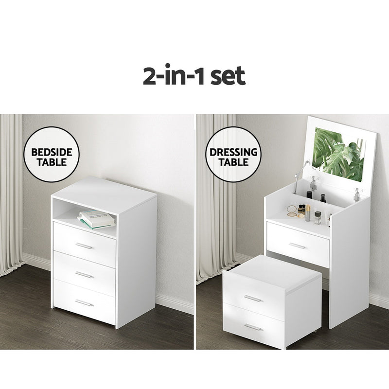 Artiss Dressing Table Bedside Tables 2-in-1 Set Hidden Makeup Mirror Storage Drawers