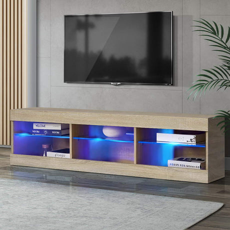 Artiss TV Cabinet Entertainment Unit Stand RGB LED Glass Shelf Storage 150cm Oak