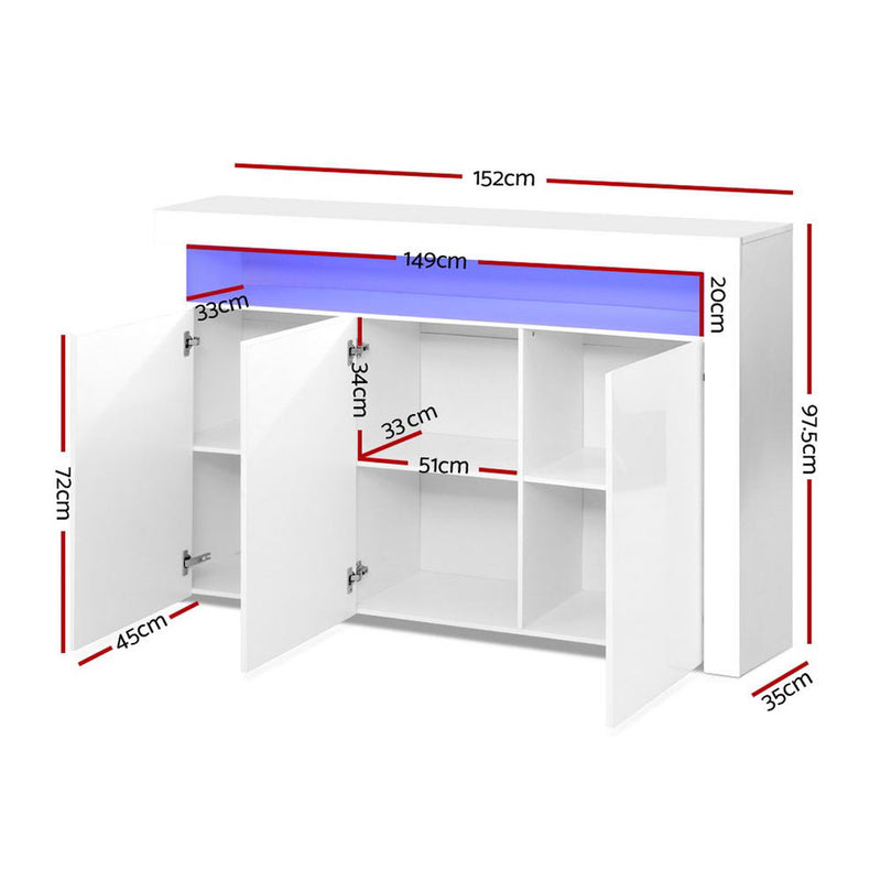 Artiss Buffet Sideboard Cabinet Storage LED High Gloss Cupboard 3 Doors White