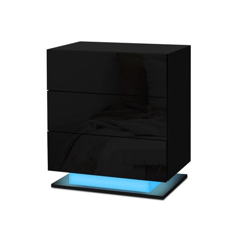 Artiss Bedside Tables Side Table RGB LED Lamp 3 Drawers Nightstand Gloss Black