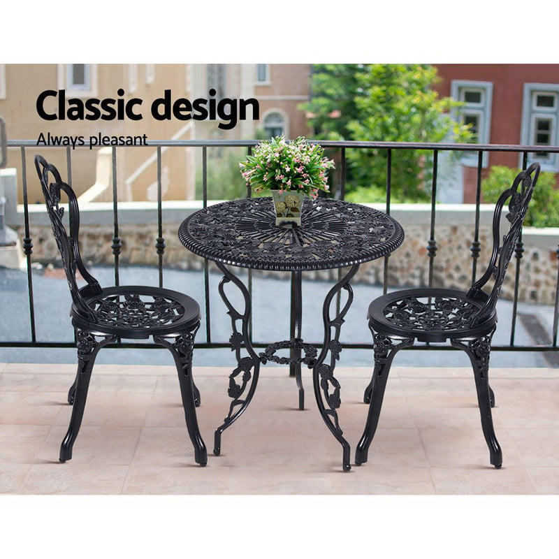 Gardeon 3PC Outdoor Setting Cast Aluminium Bistro Table Chair Patio Black