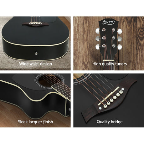 Alpha 41 Inch Electric Acoustic Guitar Wooden Classical Full Size EQ Bass Black