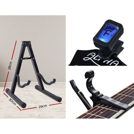 Alpha 41 Inch Electric Acoustic Guitar Wooden Classical Full Size EQ Capo Black