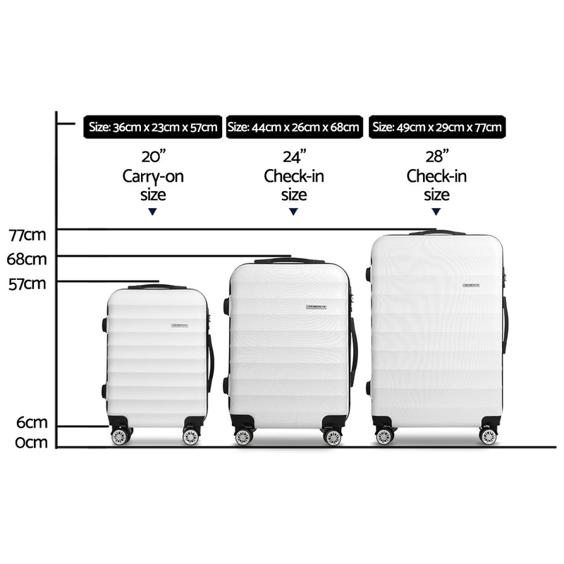 Wanderlite 3pcs Luggage Trolley Set Travel Suitcase TSA Hard Case White