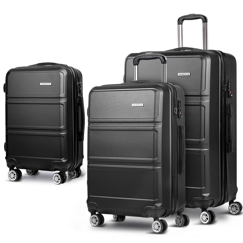 Wanderlite 3 Piece Lightweight Hard Suit Case Luggage Black 