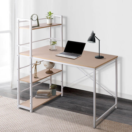 Artiss Metal Desk with Shelves - White with Oak Top