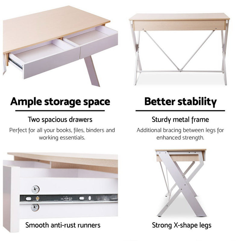 Artiss Metal Desk with Drawer - White with Oak Top