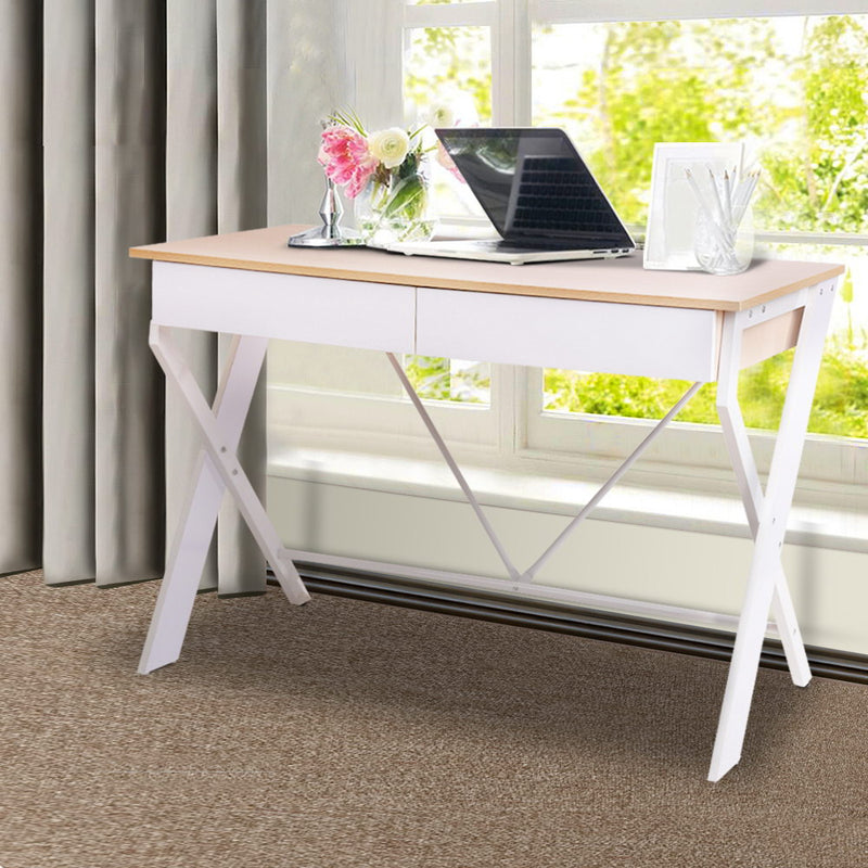 Artiss Metal Desk with Drawer - White with Oak Top