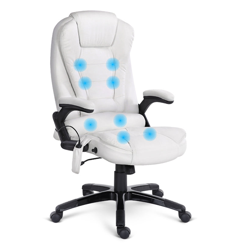 8 Point PU Leather Reclining Massage Chair - White