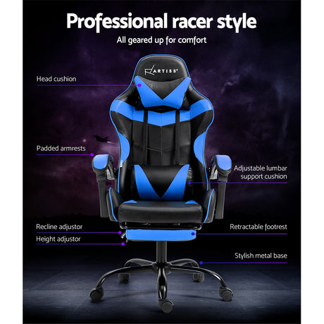Artiss Office Chair Leather Gaming Chairs Footrest Recliner Study Work Blue