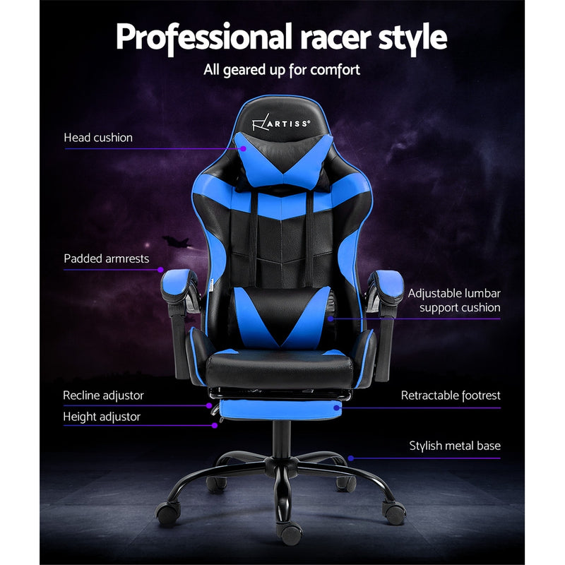 Artiss Office Chair Leather Gaming Chairs Footrest Recliner Study Work Blue