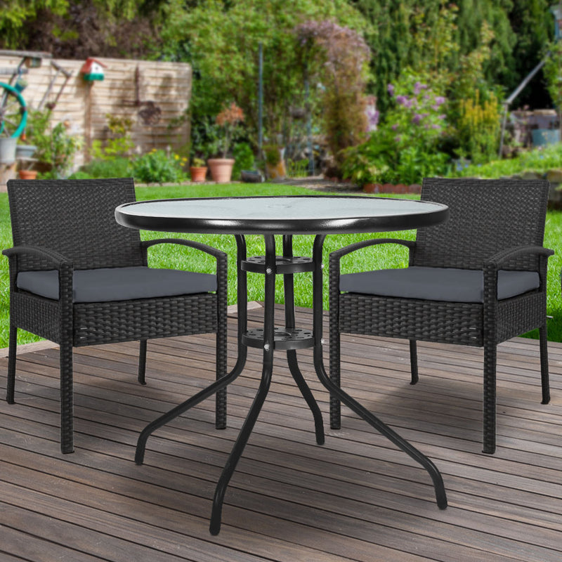 Gardeon Outdoor Furniture Dining Chairs Wicker Garden Patio Cushion Black 3PCS Sofa Set Tea Coffee Cafe Bar Set