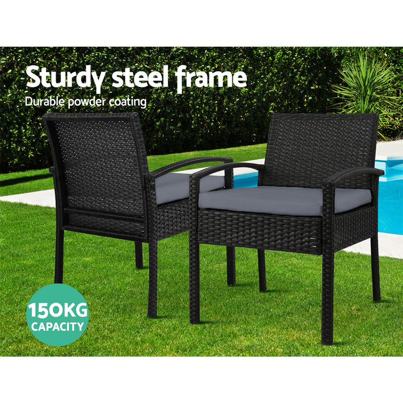 Gardeon Outdoor Furniture Dining Chairs Wicker Garden Patio Cushion Black 3PCS Sofa Set Tea Coffee Cafe Bar Set