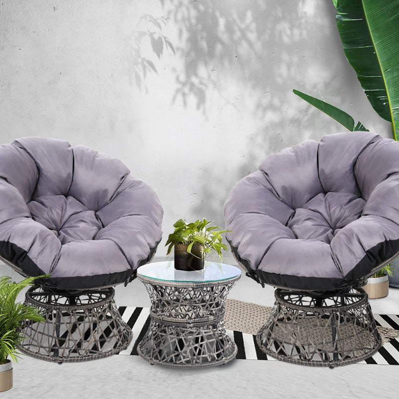 Gardeon Outdoor Lounge Setting Papasan Chairs Table Patio Furniture Wicker Grey