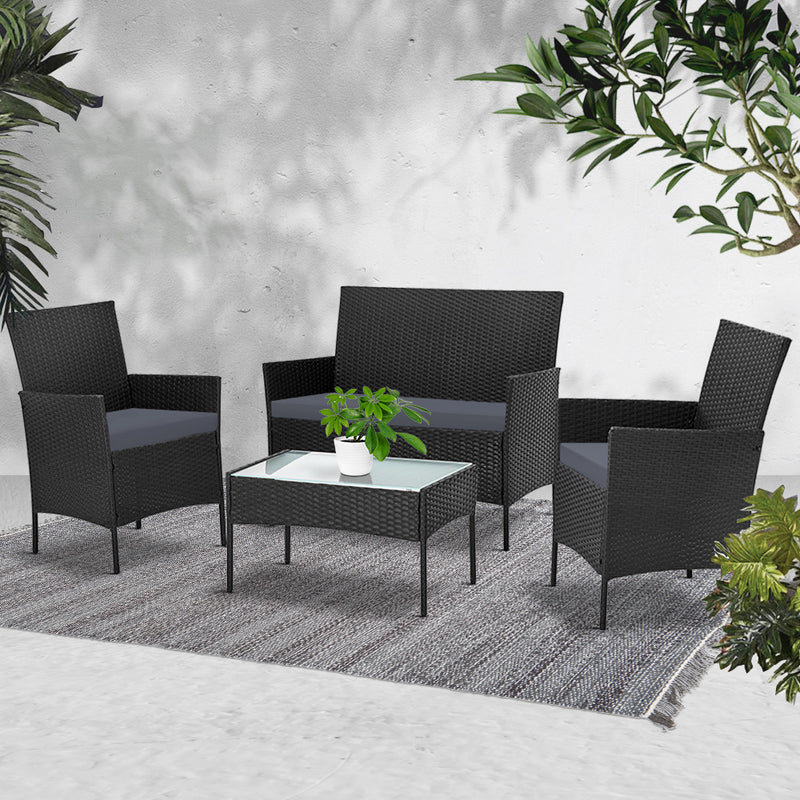 Gardeon 4-piece Outdoor Lounge Setting Wicker Patio Furniture Dining Set Black