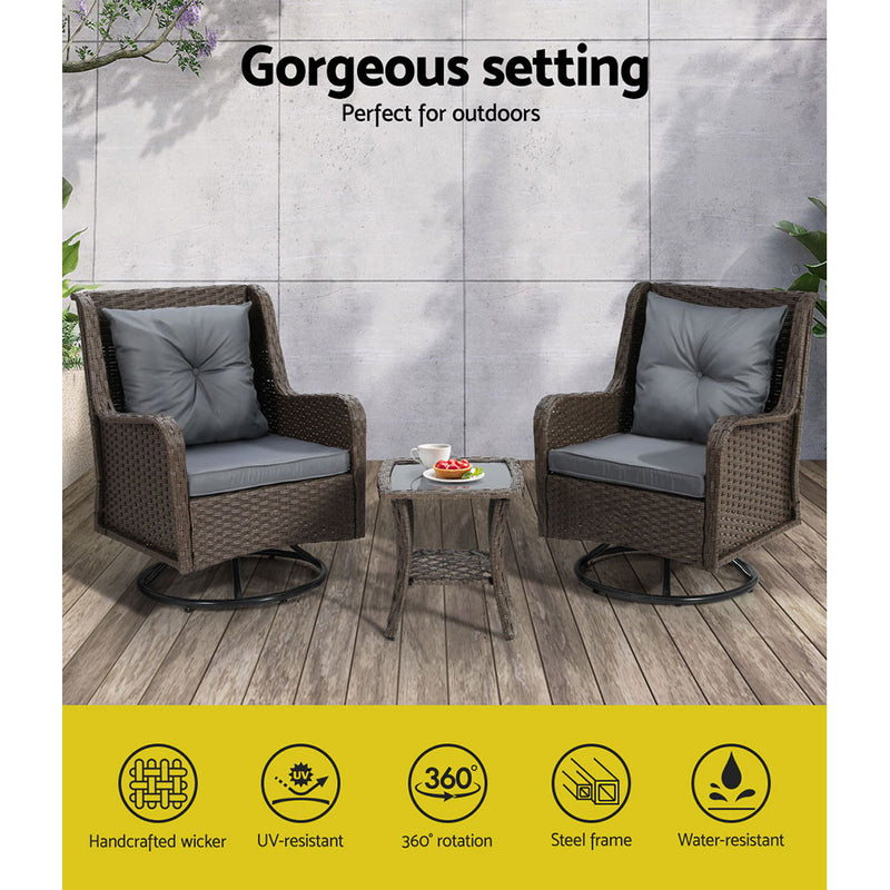 Gardeon Outdoor Chairs Patio Furniture Lounge Setting 3 Pcs Wicker Swivel Chair Table Bistro Set