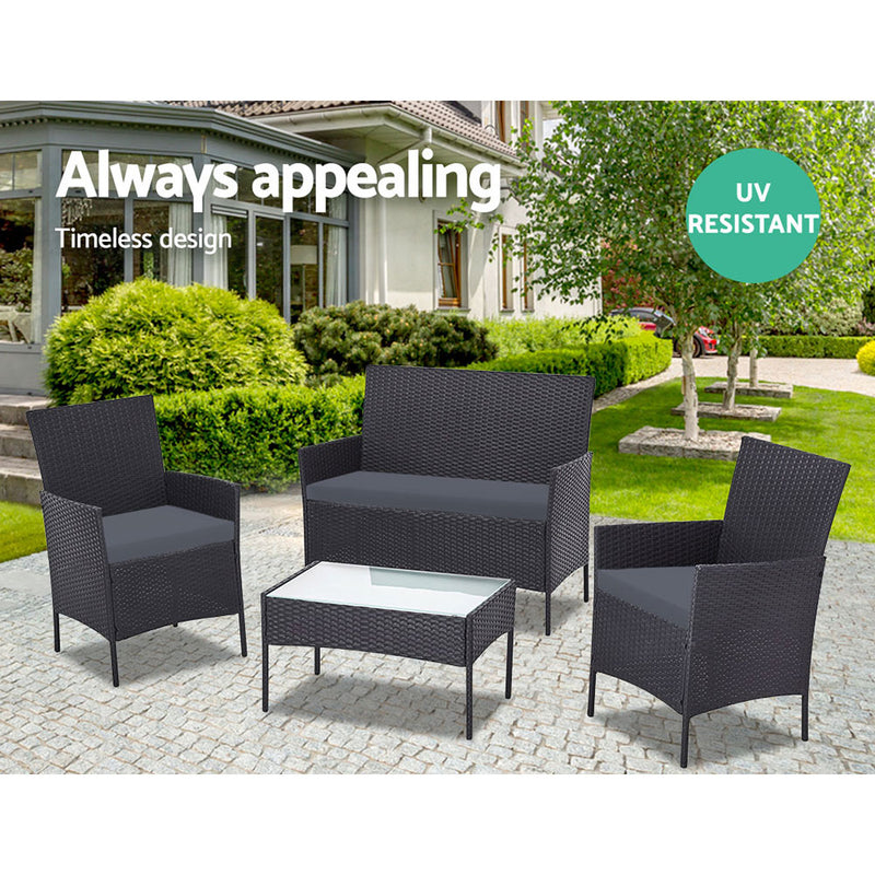 Gardeon Set of 4 Outdoor Lounge Setting Rattan Patio Wicker Dining Set Black