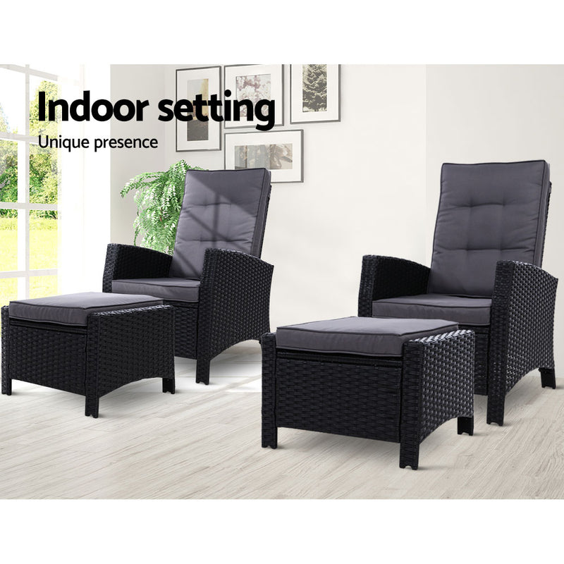 2PC Sun lounge Recliner Chair Wicker Lounger Sofa Day Bed Outdoor Chairs Patio Furniture Garden Cushion Ottoman Gardeon