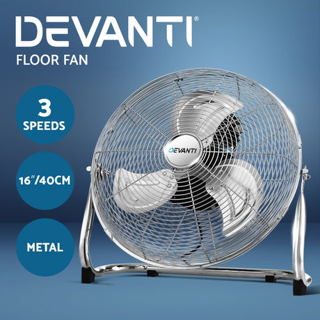 Devanti Metal Floor Fan Desk Fans Chrome Portable 3 Speed Tilt Silver