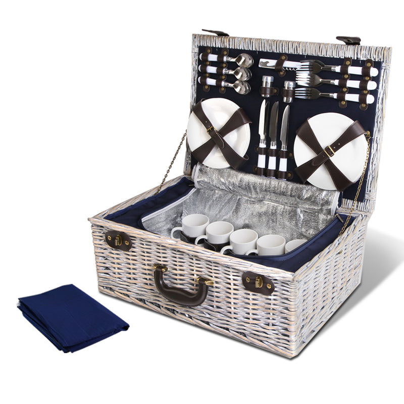 Alfresco 6-Person Picnic Basket Cooler Bag Wicker PU Fastening Straps Plates