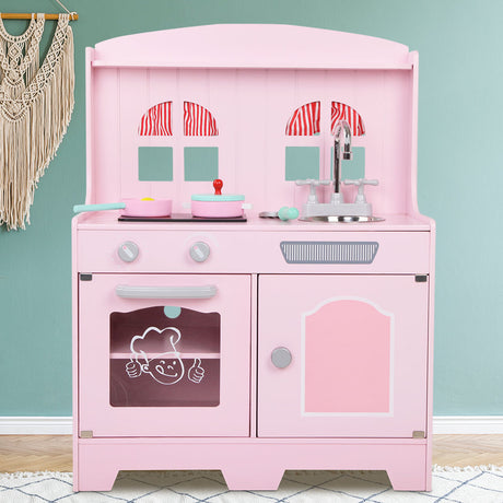 Keezi Kids Wooden Kitchen Play Set - Pink & Silver