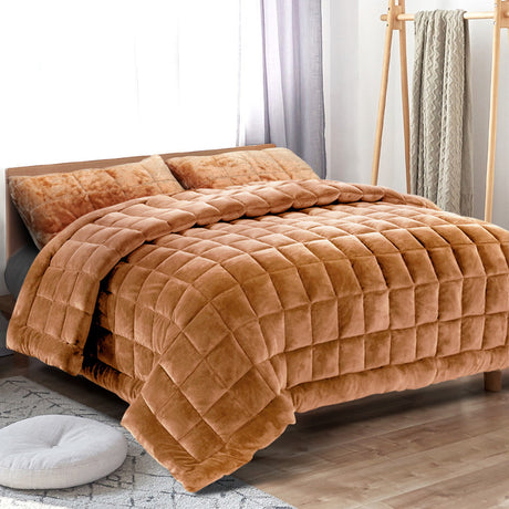 Giselle Bedding Faux Mink Quilt Comforter Winter Weight Blanket Latte Queen