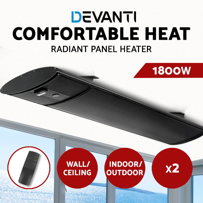 Devanti 2X 1800W Electric Radiant Strip Heater Panel Outdoor Heat Bar Remote Control Black