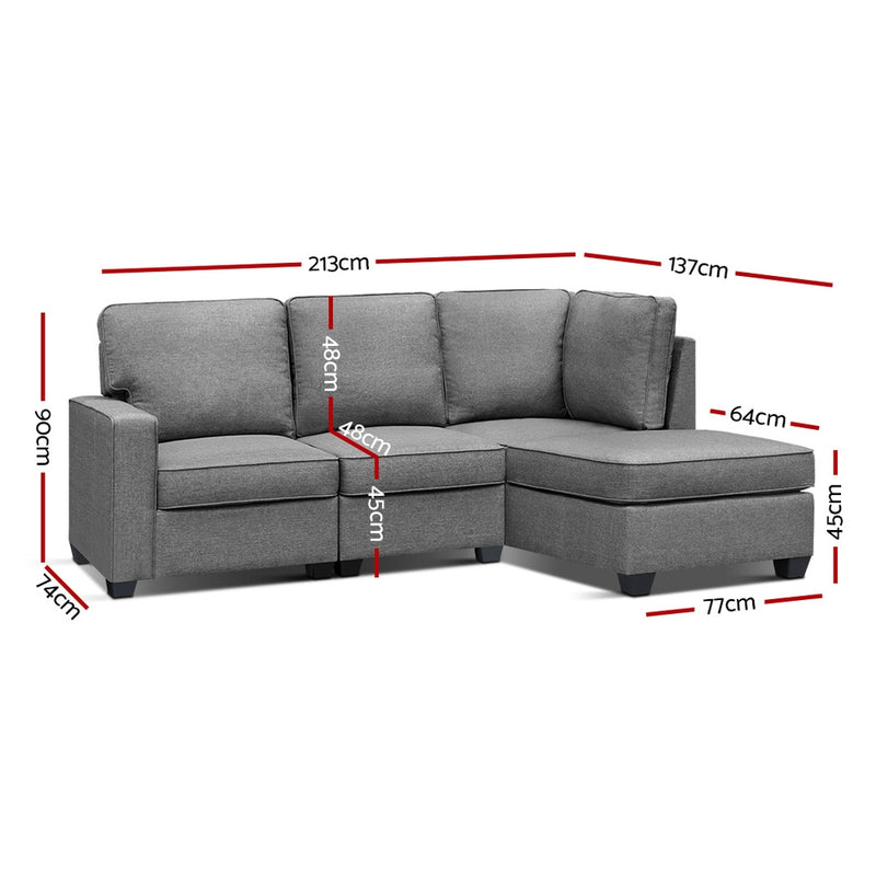 Artiss Sofa Lounge Set 4 Seater Modular Chaise Chair Suite Couch Fabric Grey