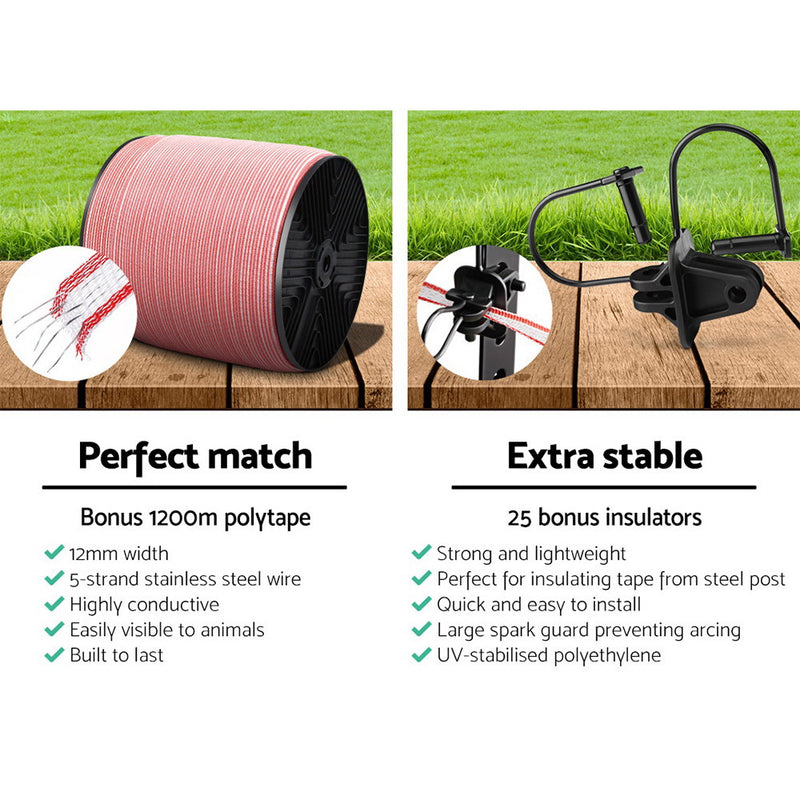 Giantz 3KM Solar Electric Fence Energiser Energizer 0.1J + 1200M Electrical Fencing Wire Tape Farm