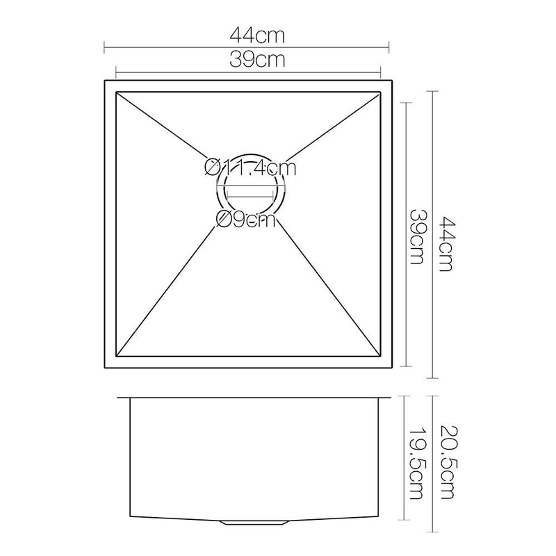 Cefito 44cm x 44cm Stainless Steel Kitchen Sink Under/Top/Flush Mount Black