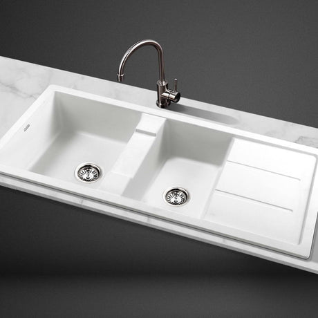 Cefito Kitchen Sink Granite Stone Laundry Top or Undermount Double White 1160x500mm