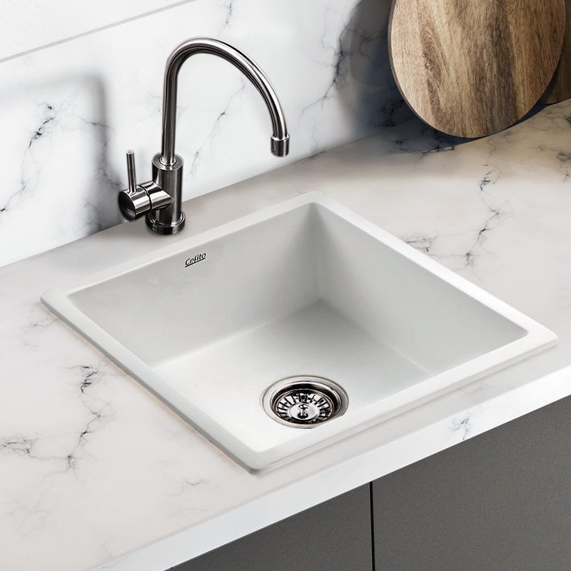 Cefito Kitchen Sink Granite Stone Laundry Top or Undermount Double White 450x450mm